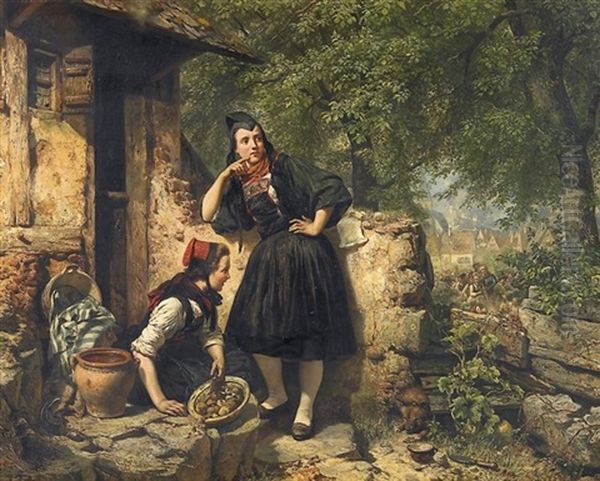 Zwei Hessische Madchen (in Biedenkopfer Tracht) Vor Stadtkulisse Mit Einem Festumzug (hochzeit?) Oil Painting by Carl Wilhelm Huebner