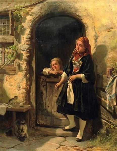 Die Musestunde. Zwei Madchen Am Hauseingang, Mit Einem Katzchen Spielend Oil Painting by Carl Wilhelm Huebner