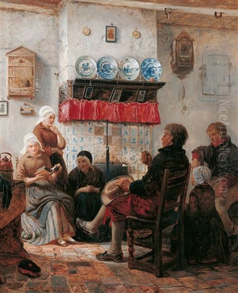 Bauerliches Interieur Mit Einer Vorleserin Und Ihren Zuhorern Oil Painting by Carl Wilhelm Huebner