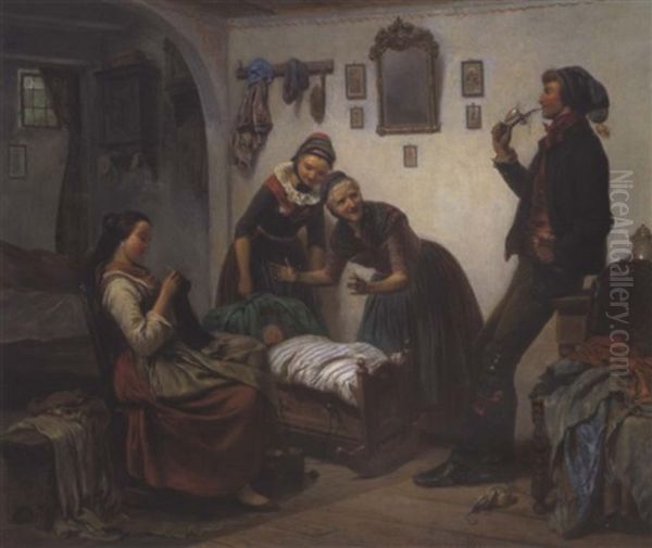 An Der Wiege Oil Painting by Carl Wilhelm Huebner