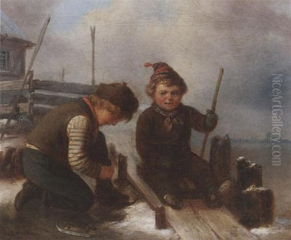 Winterfreuden. Zwei Buben Auf Dem Eis Oil Painting by Carl Wilhelm Huebner