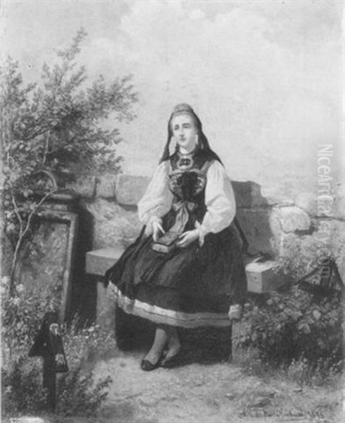 Eine Junge Frau In Tracht Oil Painting by Carl Wilhelm Huebner