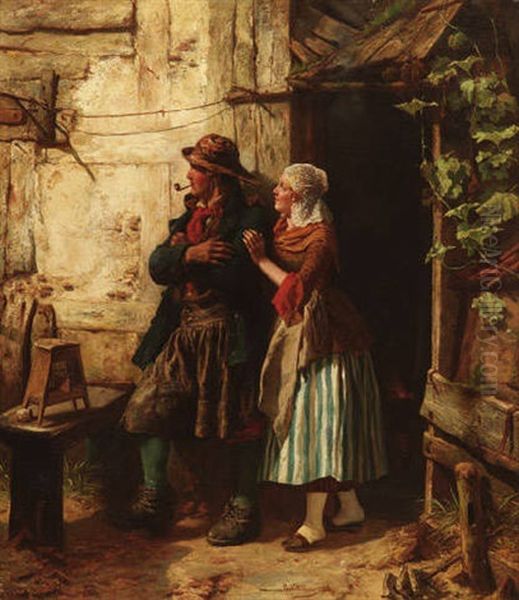 Junges Hollandisches Fischerpaar Vor Der Hutte Oil Painting by Carl Wilhelm Huebner