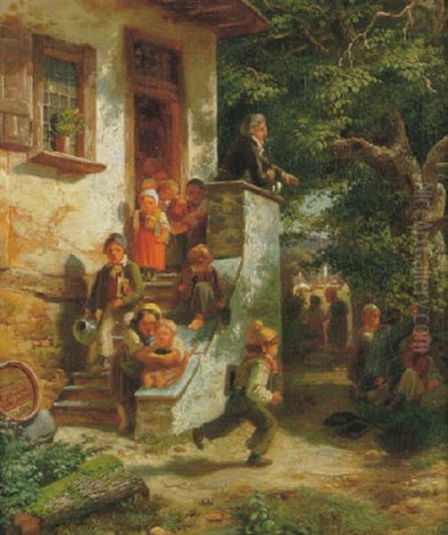 Pa Hemvag Fran Skolan Oil Painting by Carl Wilhelm Huebner