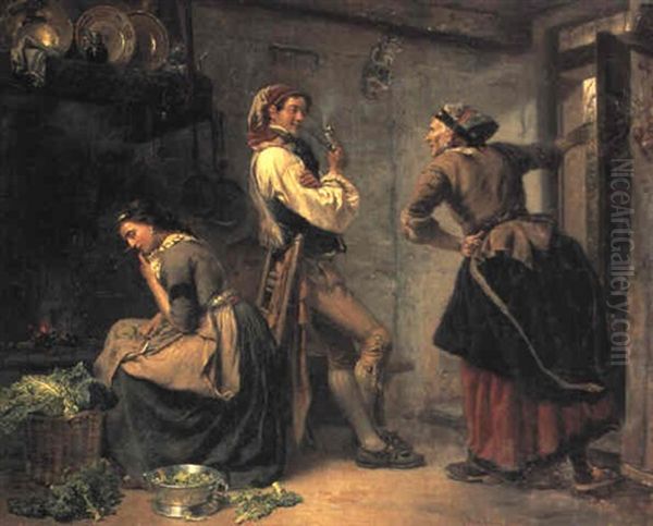 Bejleren Pa Bes+g I K+kkenet Oil Painting by Carl Wilhelm Huebner