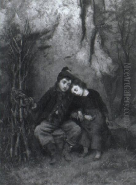 Children Asleep In The Woods Oil Painting by Carl Wilhelm Huebner