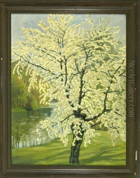 Bluhender Baum Am Fluss Oil Painting by Heinrich (Ed. Julius H.) Huebner