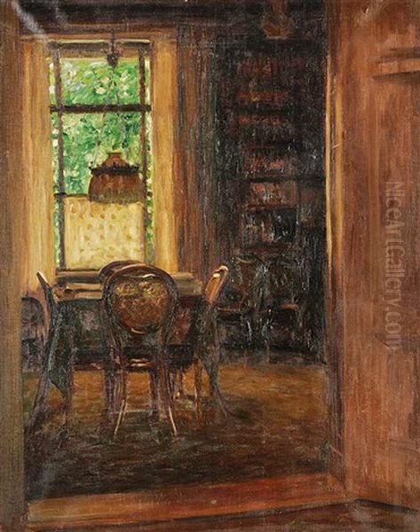 The Library At Ahornstrasse Oil Painting by Heinrich (Ed. Julius H.) Huebner