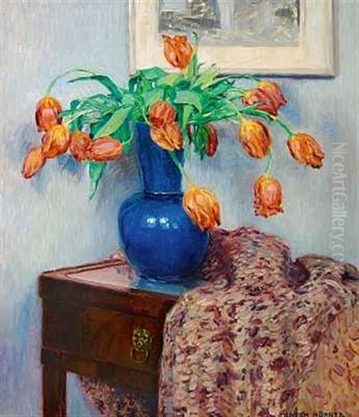 En Buket Blomstrende Tulipaner I En Bla Vase Pa Et Mahognibord Oil Painting by Heinrich (Ed. Julius H.) Huebner