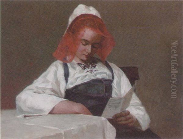 A Girl Reading A Letter At A Table Oil Painting by Heinrich (Ed. Julius H.) Huebner