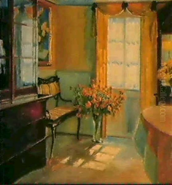 An Interior With Flowers Oil Painting by Heinrich (Ed. Julius H.) Huebner