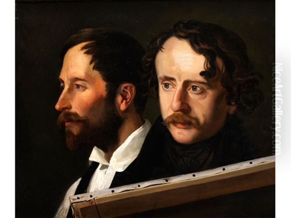 Doppelportrait, Wohl Ferdinand Theodor Hildebrandt Und Carl Friedrich Lessing Oil Painting by Julius (Rudolf Jul. Benno) Huebner