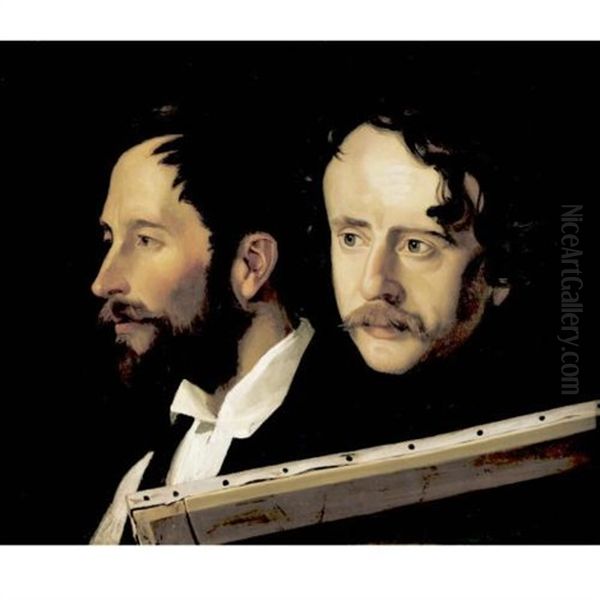 Portrait Of Two Men (ferdinand Theodor Hildebrandt And Karl Friedrich Lessing?) Oil Painting by Julius (Rudolf Jul. Benno) Huebner