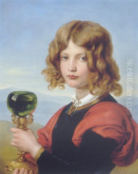 A Boy In A Landscape Holding A Wine Glass Oil Painting by Julius (Rudolf Jul. Benno) Huebner