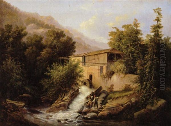 Forellenfischer An Einem Muhlbach In Der Sachsichen Schweiz Oil Painting by Julius (Rudolf Jul. Benno) Huebner