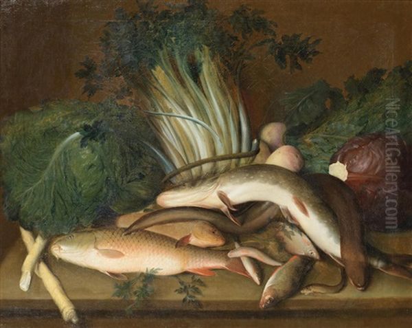 Fish With Cabbages, Cardoons And Other Vegetables On A Stone Ledge Oil Painting by Louis (Lewis) Hubner