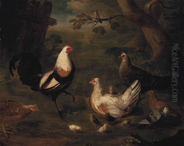 A Duckwing Game Cock, Hens And Chicks In A Farm, A Wooded Landscape Beyond Oil Painting by Louis (Lewis) Hubner