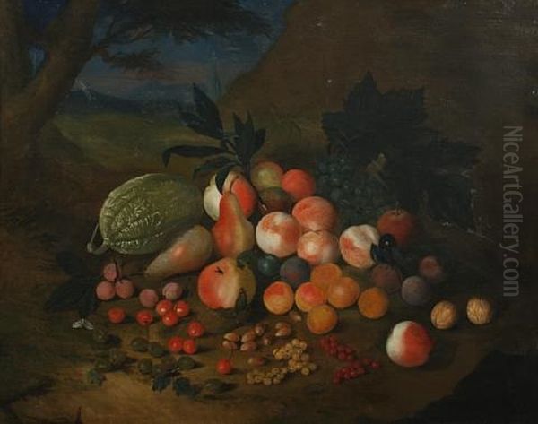 A Melon, Peaches, Oranges, Pears, Plums, Currants And Cherries Against A Bank Oil Painting by Louis (Lewis) Hubner