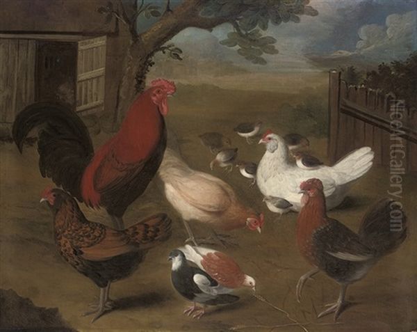 A Cockerel, Hens And Chicks And Other Birds In A Farmyard Oil Painting by Louis (Lewis) Hubner