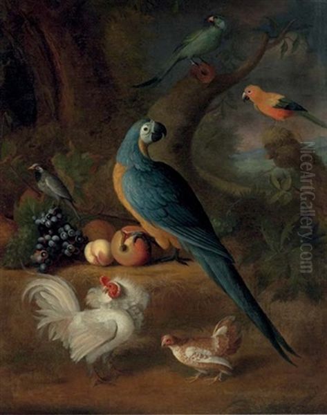 Parrots, Chickens, And Other Birds, In A Landscape Oil Painting by Louis (Lewis) Hubner