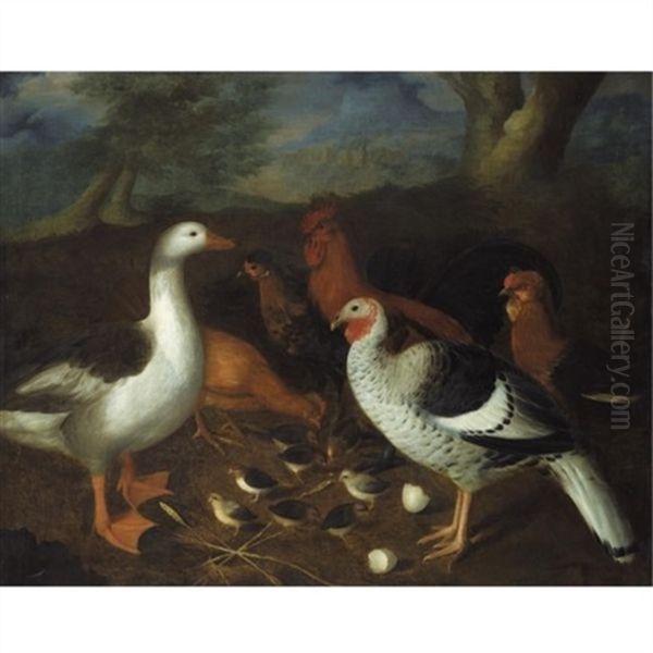 Bantams, A Goose, A Turkey And Chicks In A Landscape Oil Painting by Louis (Lewis) Hubner