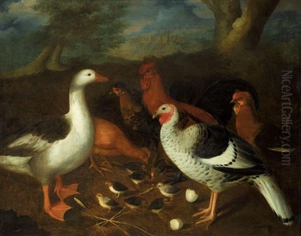 Bantams, A Goose, A Turkey And Chicks In A Landscape Oil Painting by Louis (Lewis) Hubner