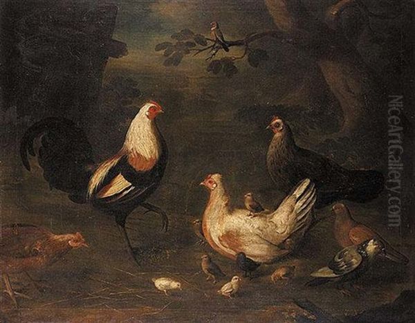 Duckwing Game Cock, Chickens, Pigeons And A Bullfinch In A Landscape Oil Painting by Louis (Lewis) Hubner