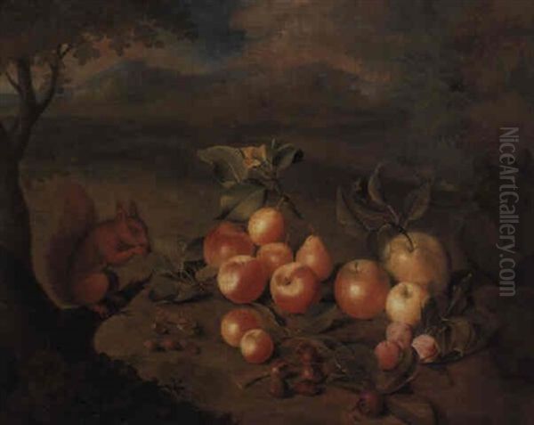 A Squirrel Eating Hazelnuts On A Tree Stump Beside Apples And Plums Oil Painting by Louis (Lewis) Hubner