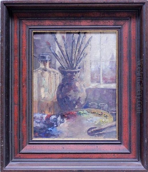 Atelierstillleben Mit Malpalette Und Blick Aus Fenster (wohl Im Atelier Des Kunstlers) Oil Painting by Ulrich Huebner