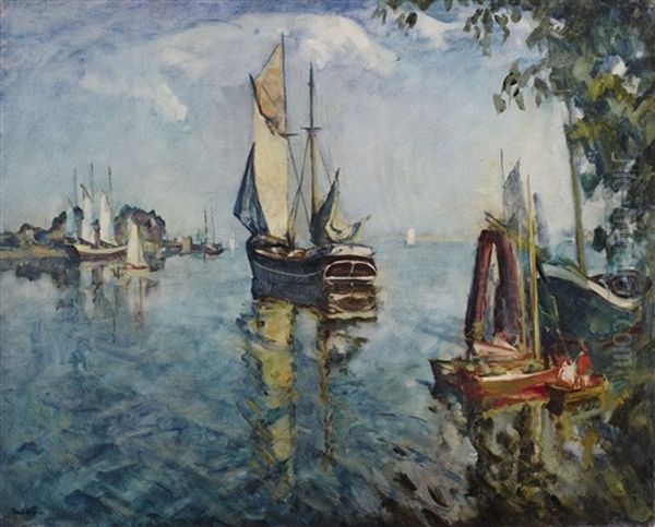 A Harbour Entrance In Travemunde Oil Painting by Ulrich Huebner