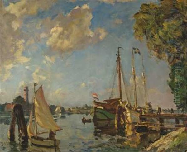 Travemunde Mit Leuchtturm, Vom Priwall Gesehen Oil Painting by Ulrich Huebner