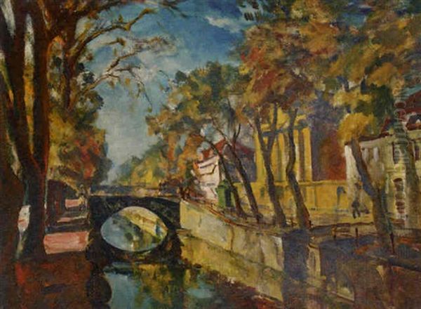 A Dutch Canal Oil Painting by Ulrich Huebner