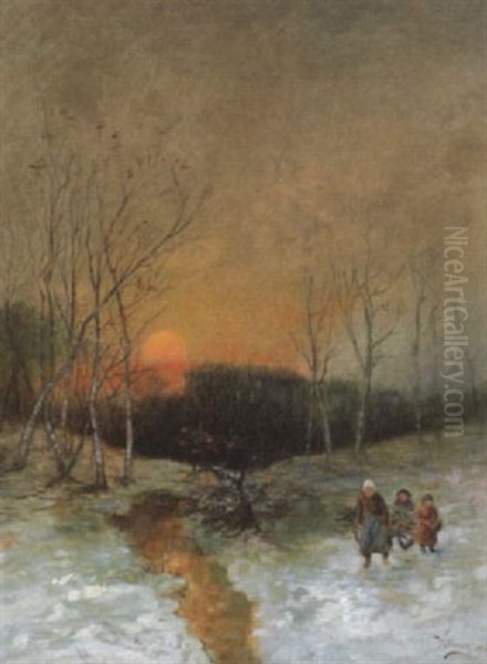 Winterlandschaft Mit Reisigsammlern Bei Sonnenuntergang Oil Painting by Ulrich Huebner