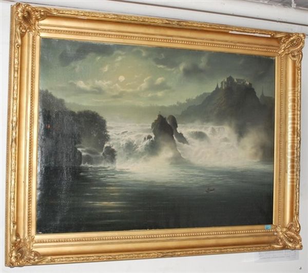 Der Rheinfall Bei Vollmond Oil Painting by Konrad Huebscher