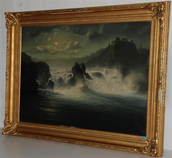 Der Rheinfall Bei Vollmond Oil Painting by Konrad Huebscher