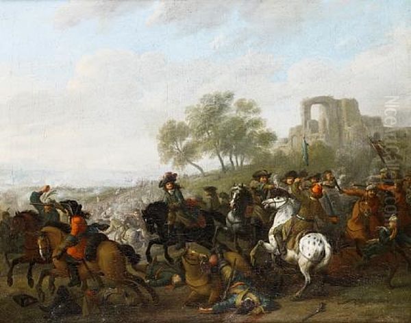 A Cavalry Skirmish In An Open Landscape, A Ruined Village On The Horizon Oil Painting by Jacob van Huchtenburg