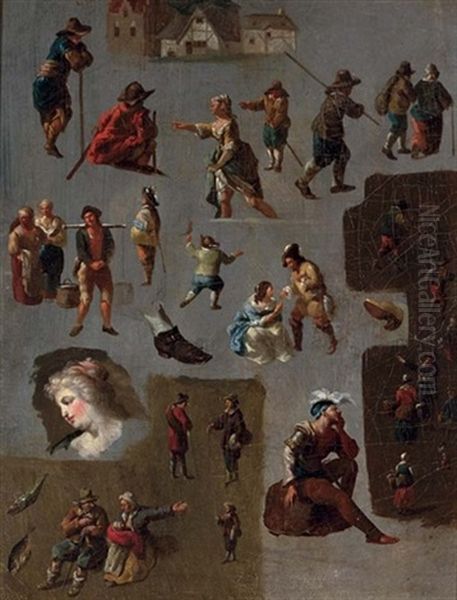 Studies Of Figures, Shoes, Fish And A Building Oil Painting by Jacob van Huchtenburg