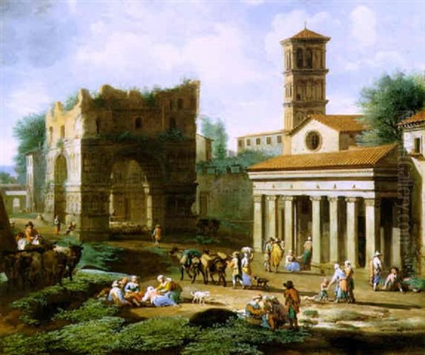 Veduta Architettonica Con La Chiesa Di San Giorgio Al Velabro E L'arco Di Giano Oil Painting by Jacob van Huchtenburg