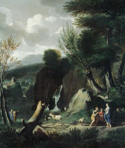 Shepherds By A Waterfall In An Italianate Landscape Oil Painting by Jacob van Huchtenburg