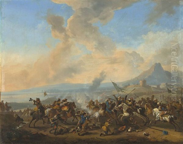 A Cavalry Battle Scene Oil Painting by Jan van Huchtenburg