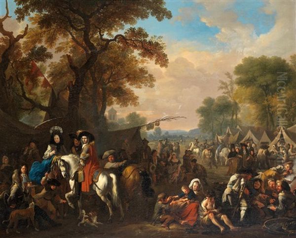 A Military Encampment Oil Painting by Jan van Huchtenburg