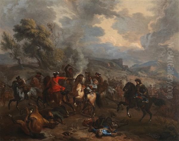 A Cavalry Engagement From The War Of The Spanish Succession Oil Painting by Jan van Huchtenburg