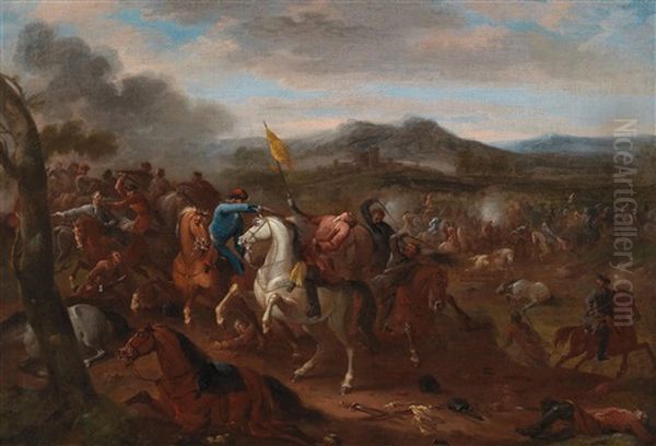 A Cavalry Engagement Oil Painting by Jan van Huchtenburg