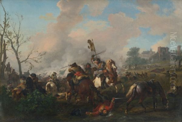 A Cavalry Battle, With A Town Beyond Oil Painting by Jan van Huchtenburg