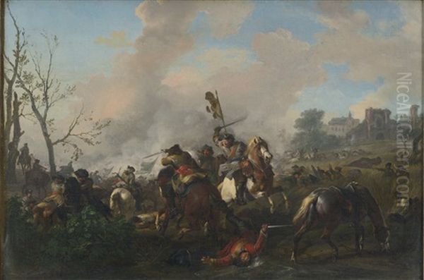 A Cavalry Battle, With A Town Beyond Oil Painting by Jan van Huchtenburg