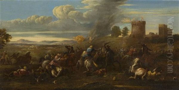 A Cavalry Engagement Oil Painting by Jan van Huchtenburg