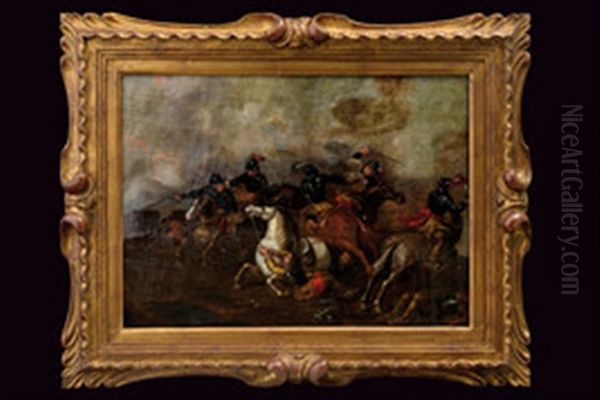 Scena Di Combattimento A Cavallo Tra Guerrieri In Armatura Con Spada E Pistola Oil Painting by Jan van Huchtenburg