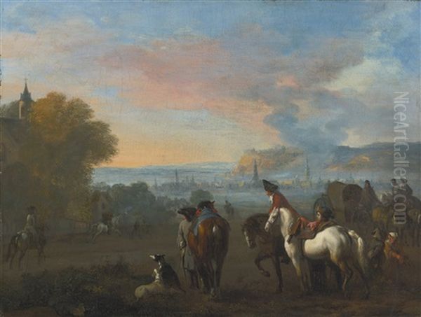 Landscape With Two Horsemen Duelling, Figures And A Town Beyond Oil Painting by Jan van Huchtenburg