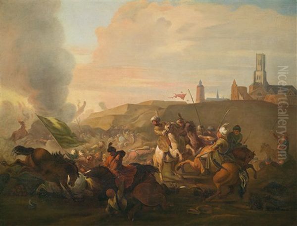 Ein Reitergefecht Zwischen Kaiserlichen Und Osmanischen Soldaten Vor Einer Befestigten Stadt Oil Painting by Jan van Huchtenburg