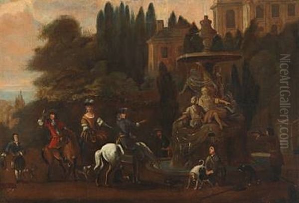 A Hunting Party Resting Near A Roman Fountain Oil Painting by Jan van Huchtenburg